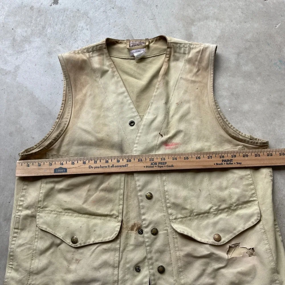 Filson Vintage Canvas Hunting Vest Tan Made in USA Distressed Mens XL Style 8